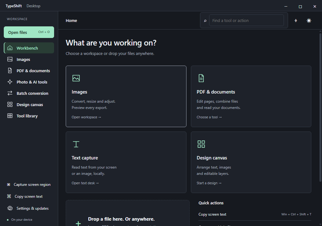TypeShift desktop workspace with a side navigation and focused file tools